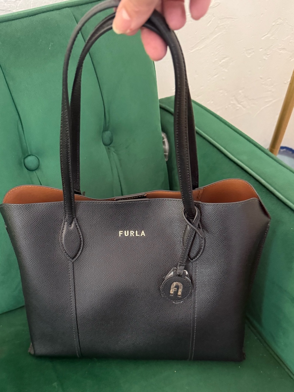 Furla Black Pebbled Leather Tote with Gold Logo